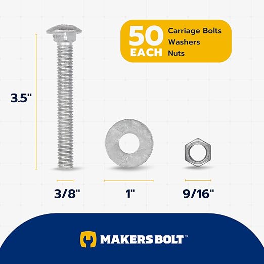 3/8" x 3-1/2" (50 Pack) Galvanized Carriage Bolt Kit, Grade 307A, Hot Dip Galvanized for Exterior Use by Makers Bolt