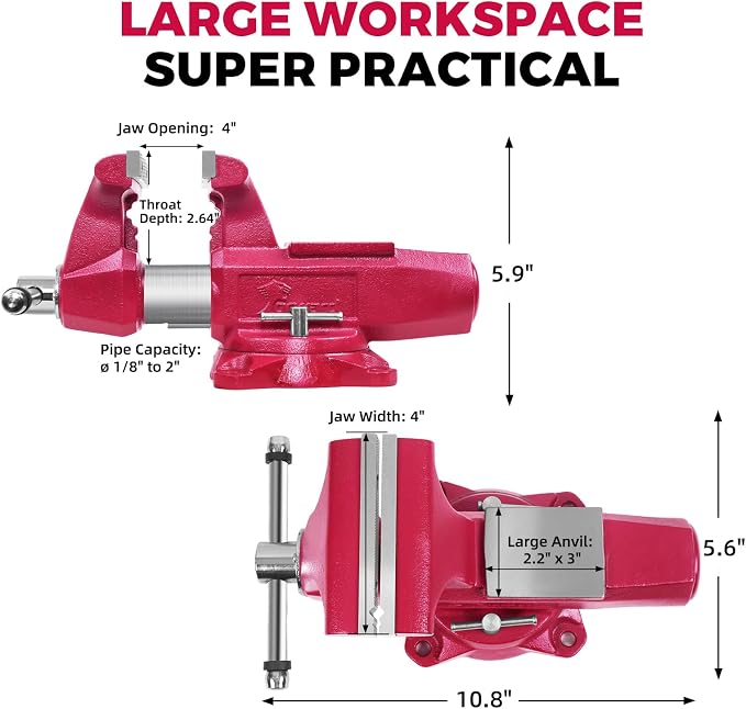 Forward Round Bench Vise 4 Inch, 1740B Economic Industrial Vice PRO with 360° Swivel Base, 4" Jaw Width, 4" Max Jaw Opening, 2-5/8" Throat Depth, 86,000PSI Ductile Iron