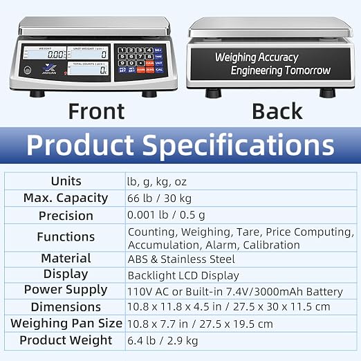 Industrial Counting Scale 66lb/30kg x 0.5g Digital Inventory Scale for Small Parts Coins Jewelry, lb/g/kg/oz Electronic Bench Scale Precision Gram Scale with LCD Backlight Display Batteries AC Adapter