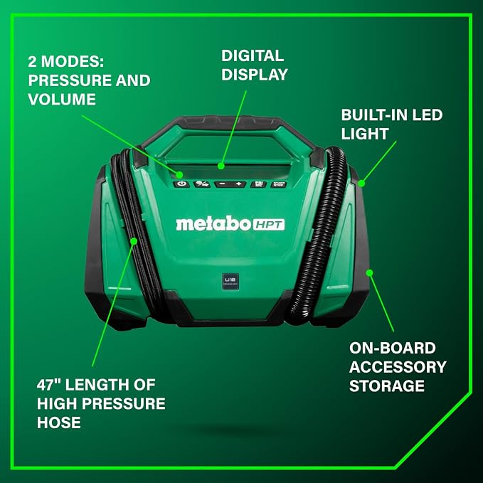 Metabo HPT 18V MultiVolt Cordless Dual Function Inflator, Portable Air Inflator with High Pressure and High Volume Modes, 160 PSI Max Pressure, LED Light, Tool Body Only, UP18DAQ4