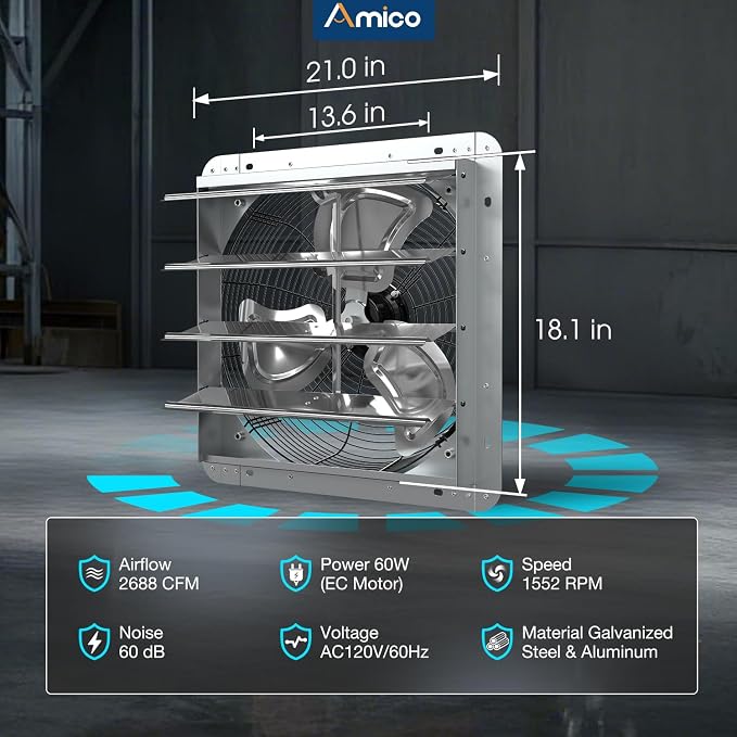 Amico 18 Inch Smart Exhaust Fan with Thermostat, 8-Speed Controller, 2688 CFM (Up to 3800 Sq.Ft), 60W EC Motor Wall Mount Shutter Fan for Barn/Garage/Greenhouse, Plug & Play Vent Fan, FCC