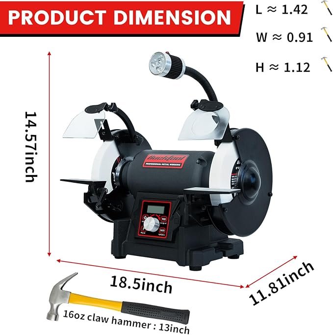 Bucktool 8" VFD Variable Speed Bench Grinder, 1HP Power Professional Wobble-free Wheel Grinder with High/Low Speed Switching for Knife, Metal