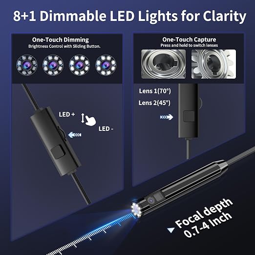 Endoscope Camera with Light, 1920P HD Borescope Inspection Camera with 8 Adjustable LEDs, IP67 Waterproof Semi-Rigid Snake Cable for Android, iPhone, and iPad(16.4ft, Dual Lens)
