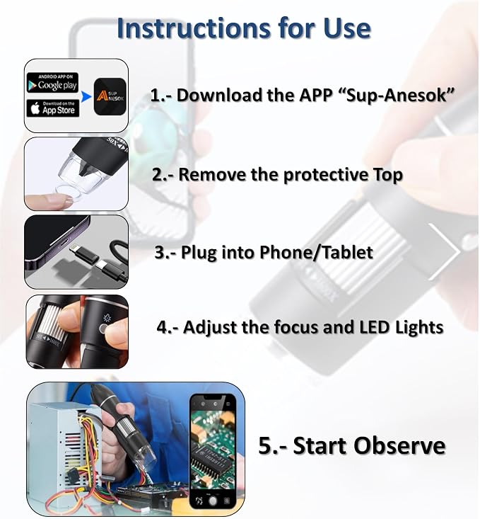 USB Digital Microscope, 50x-1600x Magnification Handheld, 1920P HD 8 LED Lights, Portable Pocket Microscope, Compatible with iOS and Android Devices, +2MP Magnifier Camera, No PC Support