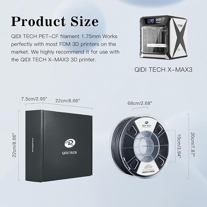 R QIDI TECHNOLOGY Carbon Fiber PET Filament 1.75 1KG Spool, PET CF 3D Printer Filament 1.75mm for Most FDM 3D Printers, High Strength, Low Creep, Low Moisture Sensitivity, Black