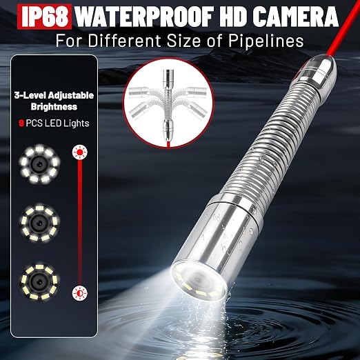 Sewer Camera Self-Leveling,100FT/30M Pipe Drain Inspection Camera with 7" 1080P HD Screen, Snake Plumbing Cameras with 9 LED Lights, IP68, 32GB Card, DVR Recording, for Duct Sewer Line Pipe Inspection