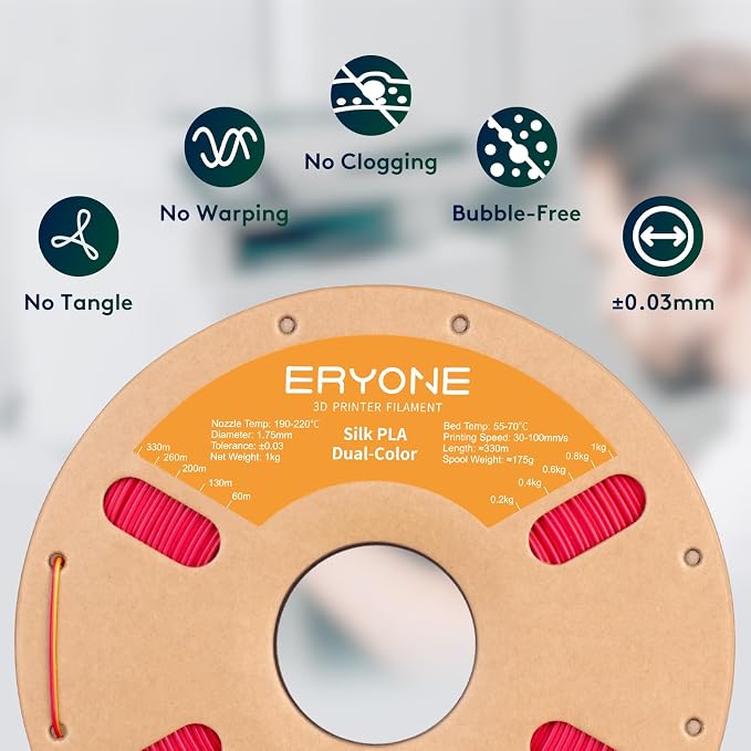 ERYONE Silk Dual Color PLA Filament 3D Printer 1.75mm +/- 0.03mm, Bicolor Filament Two Tone PLA 1KG(2.2lbs) Cardboard Spool, Red Gold