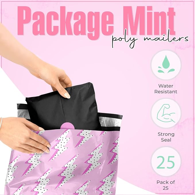 10x13 Poly Mailers – Lightning Bolt – Waterproof, Tear-Resistant Shipping Bags with Adhesive Seal – 25 Pack – Package Mint
