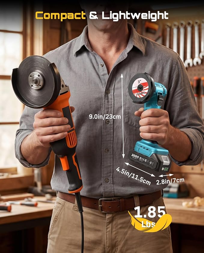 SEESII Cordless Mini Angle Grinder: 3-Inch Brushless Angle Grinder 19000 RPM with 2pcs 21V 2.0Ah Batteries, 7pcs Cutting Discs, 210W Power Electric Grinder Tool for Metal Wood Polishing Rust Removal