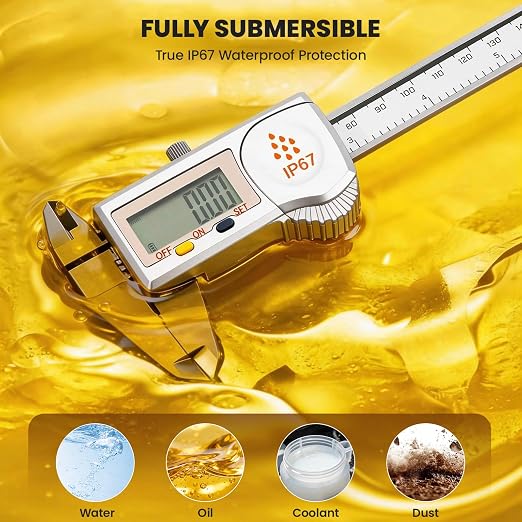 HARDELL Digital Caliper, IP67 Industry Calipers with Battery Display, ABS, Auto-Off, Inch/MM Conversion, Stainless Steel Caliper Measuring Tool for Water/Coolant/Dust Protection