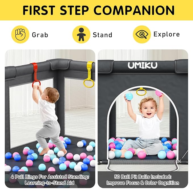 Baby Playpen Foldable Playpen for Babies and Toddlers, Large Playpens Portable Play Pen Play Yard for Kids Fence Indoor Outdoor Travel 4 Handlers 50 Balls Baby Gifts Essentials 50"X50" Dark Grey