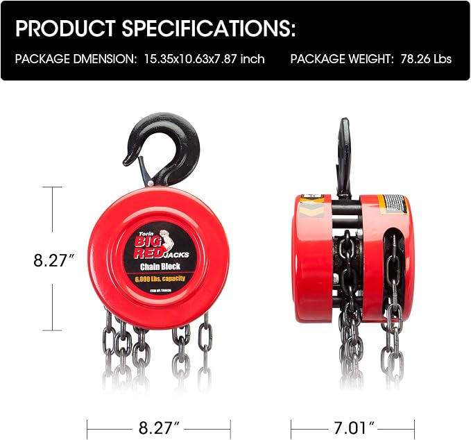 BIG RED TR9050 Torin Manual Hand Lift Steel Chain Block Hoist with 2 Hooks, 5 Ton (10,000 lb) Capacity, Red