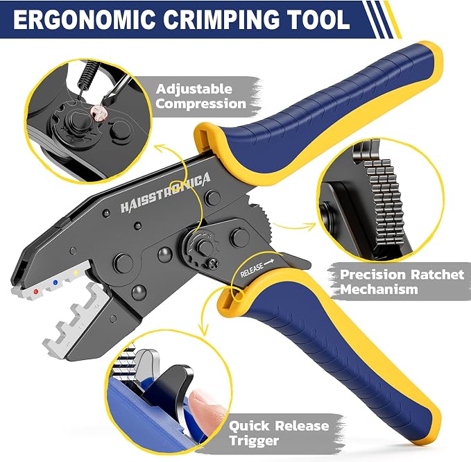 haisstronica 6 in 1 Crimping Tool Kit, Professional Ratchet Wire Crimper with 6 PCS Interchangeable Dies for Heat Shrink, Non-Insulated,Ferrule,Open Barrel,Insulated Connectors, Men Tool Gifts