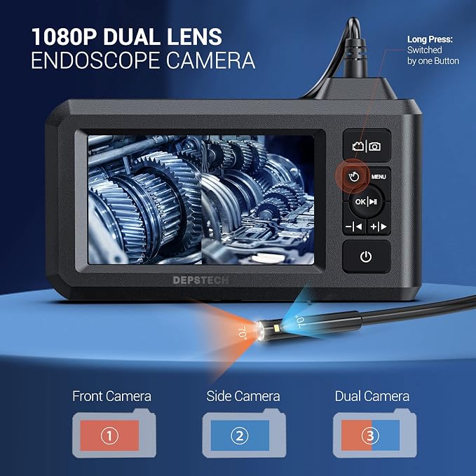 DEPSTECH Dual Lens Borescope Camera with Light, Two-Way Articulating 5" IPS Dual View Endoscope with 0.33in Slim Probe, Dual Lens Industrial Endoscope, 1080P Digital Borescope Inspection Camera