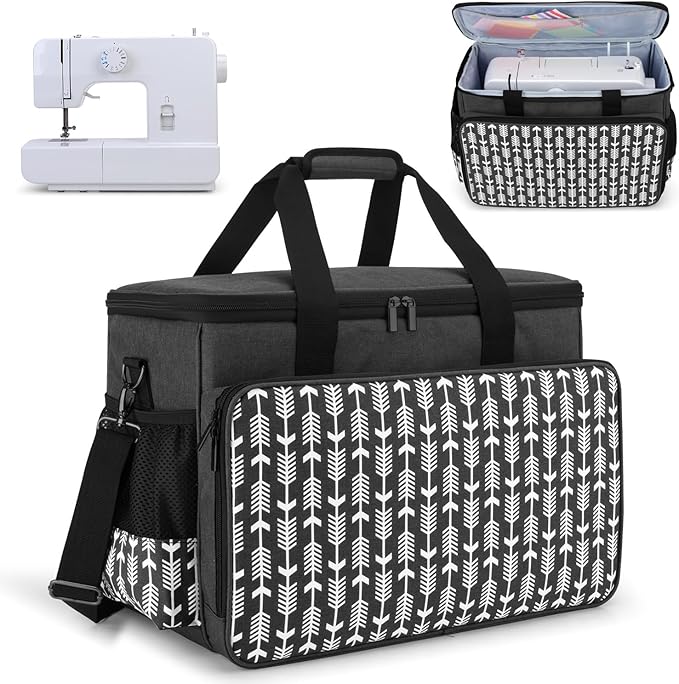 Yarwo Sewing Machine Carrying Case with Thicken Bottom Board, Universal Sewing Machine Tote Compatible with Most Standard Sewing Machine and Accessories, Black with Arrow
