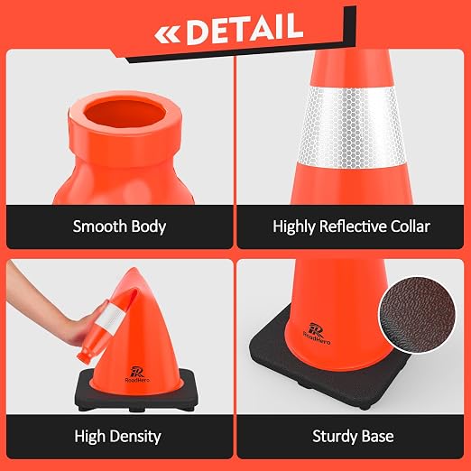 RoadHero 8 Pack Traffic Safety Cones 18 Inch, PVC Cone with Black Weighted Base, Orange Cones with Reflective Collar, Cones for Parking Lot, Construction Events, Road Safety
