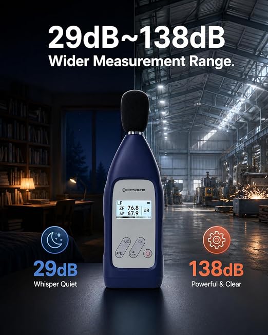 CRY2831 Class 2 Sound Level Meter with Calibration Certificate, 29-138 dB Professional Sound Meter, DC & Battery Powered Noise Meter for Industrial, Environmental, Workplace Noise Measurement | 20Hz-12.5kHz, A/C/Z Weighted, F/S Weighting