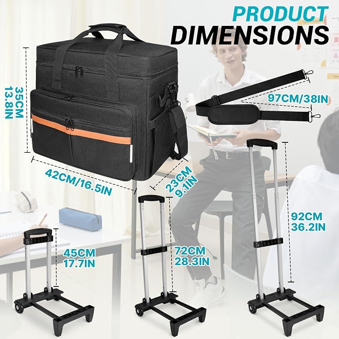 ORKELS Rolling Teacher Bag with Removable Trolley, Wheeled Teacher Tote for 17.3 Inch Laptop, Large Rolling Work Bag with Organized Storage for Books, Files, Lesson Plans & Classroom Supplies
