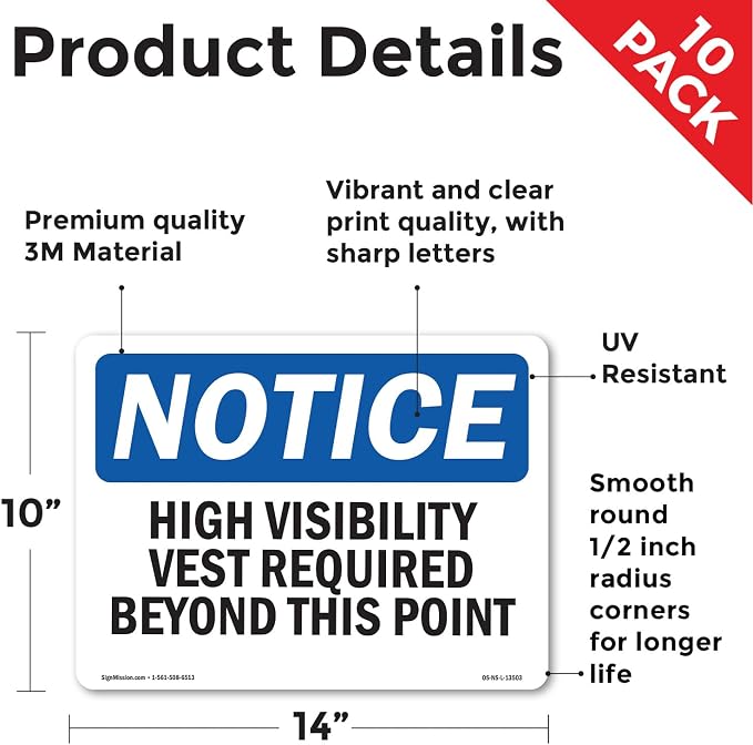 High Visibility Vests Required Beyond This Point OSHA Notice Vinyl Decal Label 14 Inch x 10 Inch - 10 Pack