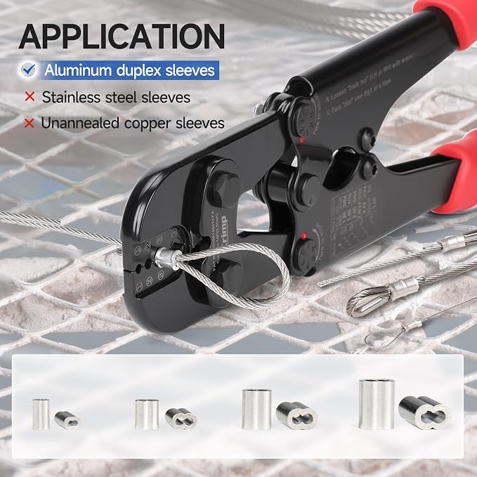 iCrimp 1608MC Wire Rope Crimping Tool with Built-In Wire Cutter, 4 Die Slots 3/64" to 1/8", High Carbon Steel Swaging Tool for Marine, Clothesline, Awning, Railing Cable Projects