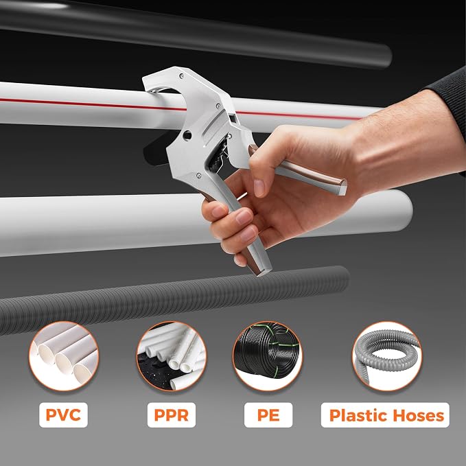 PVC Pipe Cutter with Replaceable SK5 Blade, Cuts Up to 2-1/2"(63mm) Heavy-Duty Pipe Cutter Tool, Thicken Aluminum Aolly Body Ratchet Pipe Cutter for Plumbing Pipes PEP PR Plastic Hoses
