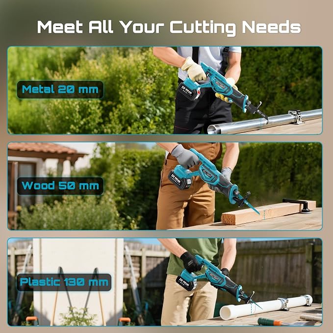 SEESII Cordless Reciprocating Saw, Brushless Motor with 8 Saw Blades | Variable Speed 3500 RPM, 2 x 4.0Ah Batteries, Tool‑Free Blade Change, Adjustable Shoe, for Wood PVC Cutting