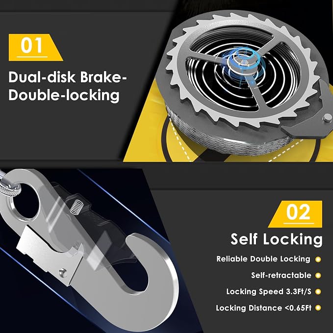 Fall Arrester Protector Self Retractable 33FT Fall Protection Gear Double Locking, Dual PPE+Alloy Steel housing Heavy Duty Lifeline Safety Lanyard Rope Cable Wire Roofing Construction