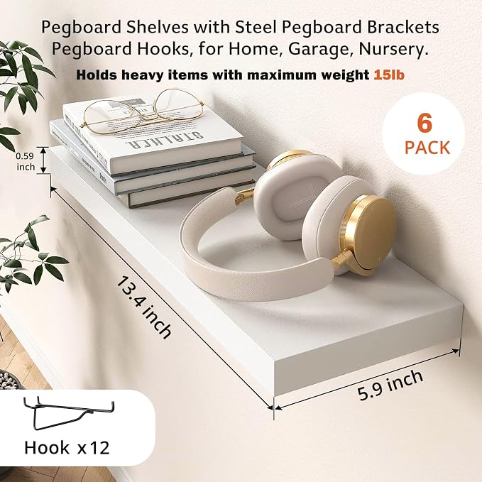 Pegboard Shelf Set - 6 Heavy Duty Peg Board Shelves & Steel Brackets, Organizer for Storage, Garage, Workbench, Craft, Office