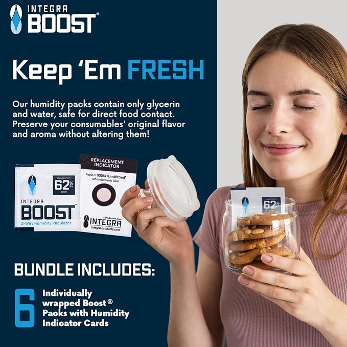 Integra Boost 62% RH, 2 Way Humidity Control Packs – 8g Size for Storing Up to 1oz – Pack of 6 Moisture Absorbers for Small Jars & Containers – Humidifier Packets for Herbs & Spices in Resealable Bag