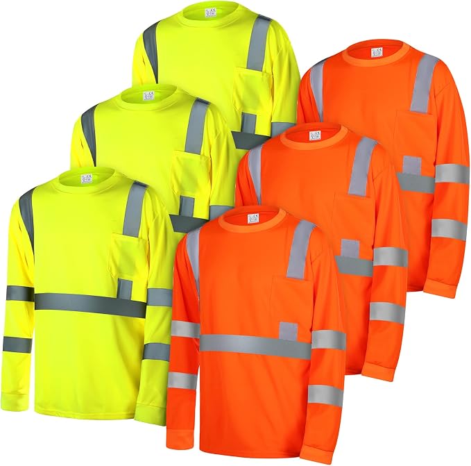 Macarrie 6 Pcs Class 3 Reflective Safety High Visibility Shirt Long Sleeve with Packet Breathable
