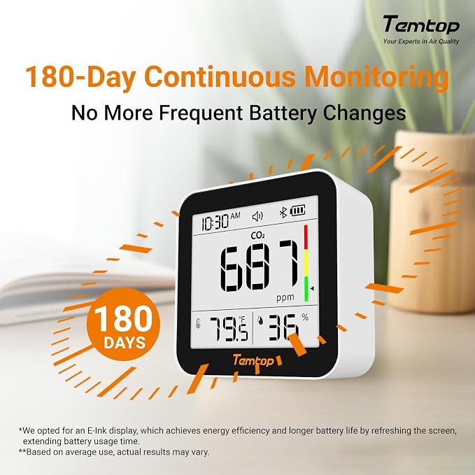 Temtop CO2 Monitor Indoor Air Quality Monitor 3 in 1 CO2 Meter(Temperature, Humidity and CO2), 180 Days Standby Time