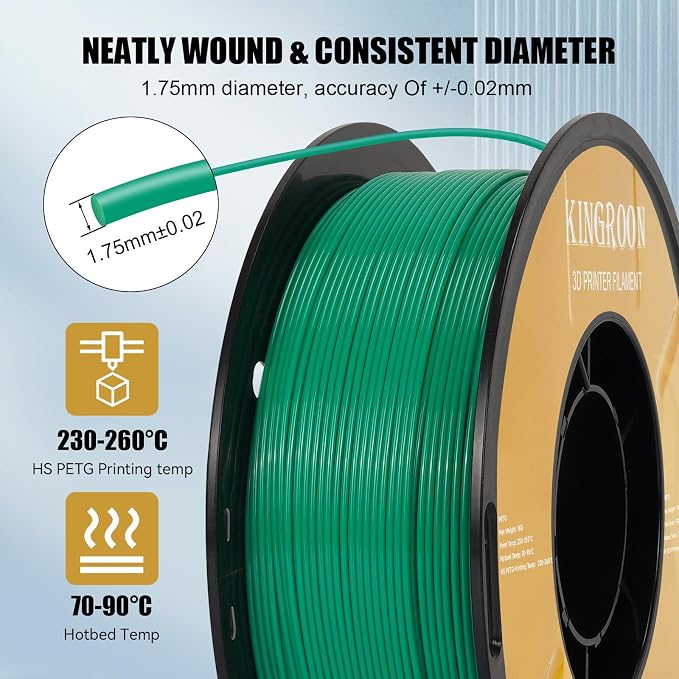 Kingroon High Speed PETG 3D Printer Filament 1.75mm, 3D Printer Rapid Filament for 30-600mm/s Hyper Printing Filament, Dimensional Accuracy +/- 0.03 mm, 1kg Plastic Spool(2.2lbs) (Green)