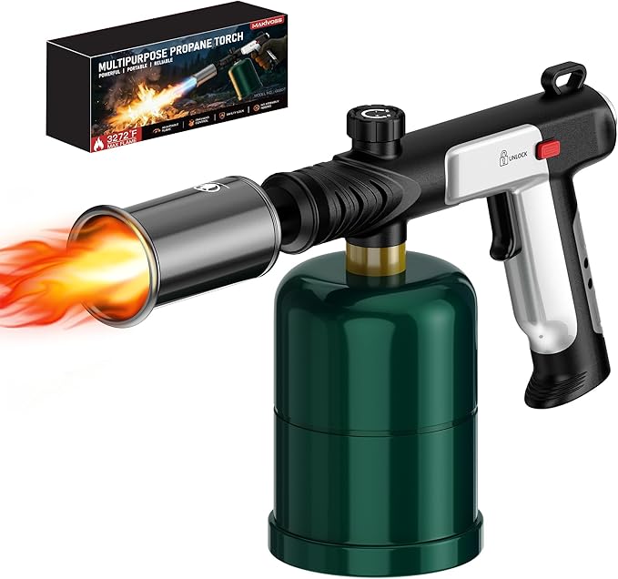 Propane Torch Gun, Weed Torch Propane Burner & Cooking Blow Torch with Safety Lock, One-Touch Max Fire, Adjustable Flame for Searing Steak, BBQ, Charcoal Starter & Weed Burning (Tank Not Included)