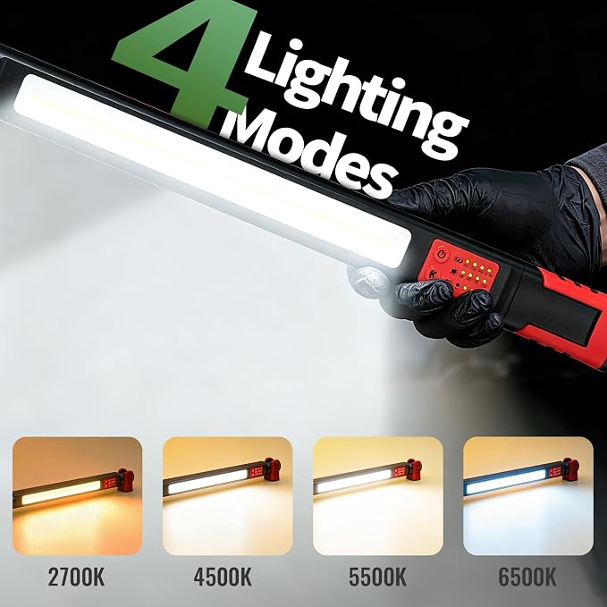 Underhood Magnetic Work Light for Mechanics, 4 Modes 2700K-6500K LED, 7800mAh 12H Battery, IP65 Waterproof, USB-C Rechargeable Hood Light for Car Repair/Garage/Emergency (Red)