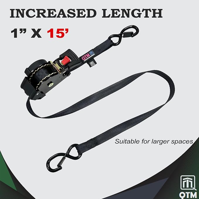 QTM QTM 4-Pack Retractable Ratchet Straps Black Heavy Duty, 1 Inch x 15 Feet with Soft Loops, 2000lbs Breaking Strength, Best Self Retracting Tie Down for Truck Cargo Trailer Motorcycle
