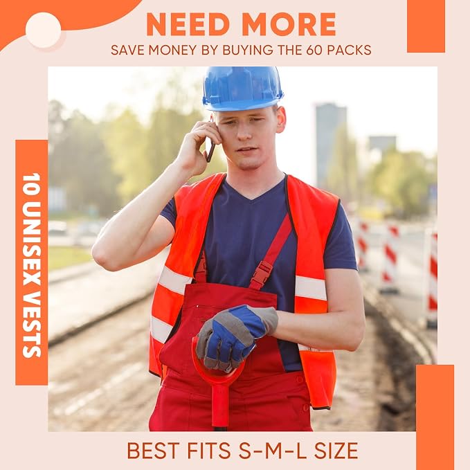 Tarpop 60 Packs Safety Vests Pack High Visibility Construction Vests Reflective Working with 2 Reflective Strips