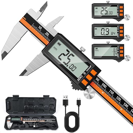 Preciva Digital Caliper 6", Rechargeable Stainless Steel Micrometer | Type-C charging, durable steel body, large LCD with auto-off saves power, in/mm/frac, for 3D-printing machining woodworking