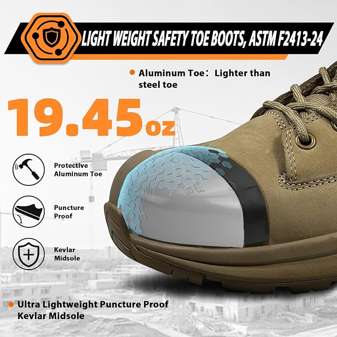 Men Work Boots 6 Inch Lightweight - ESD Shoes, Aluminum Alloy Toe and Puncture Proof ASTM 2413, Oil and Slip Resistant, Premium Water Resistant Genuine Leather Industrial Safety Boot