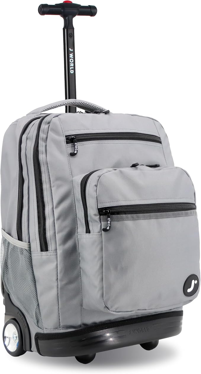 J World Sundance Laptop Rolling Backpack for Girls Boys. Roller Bookbag with Wheels, 20 Inch, Grey