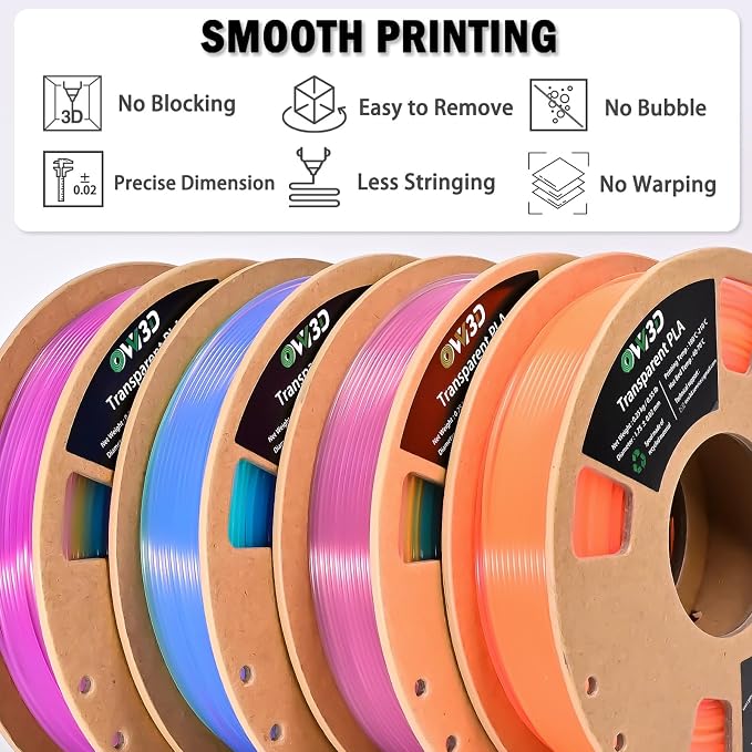 OVV3D Transparent PLA 3D Printer Filament Bundle 250g x 4 Spools, Multicolor Clear PLA Filament 1.75mm Pack, Translucent Color Change 3D Printing Filament, Vibrant Gradient Pastel Filament