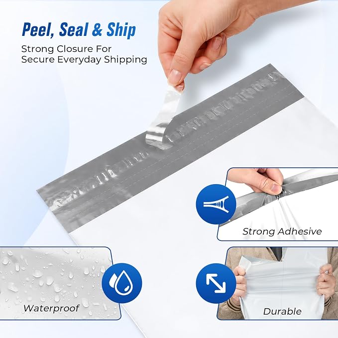 Fuxury Poly Mailers 12x15.5 100PC (Upgraded Version) Shipping Bags for Clothing with Easy-Open Tear Strip & Hangable for Easy Use, Self-Seal Shipping Envelopes Mailing Bags for Small Business in White