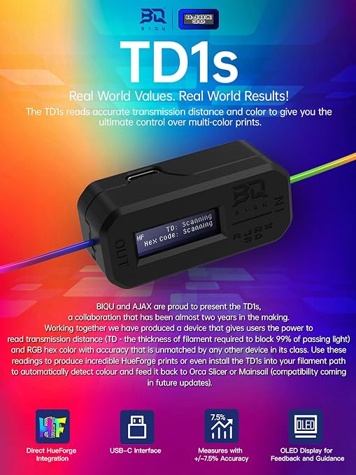 BIQU Ajax TD1s Filament Tester Sensor for Multi-Color Printing, Plug and Play, HueForge Integration, to Calculate Transmission Distance Values and Hex Color Code, Bambu-Lab Compatible