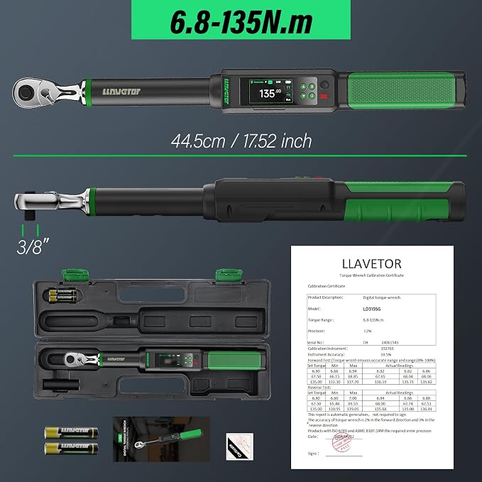 2026 Upgraded Digital Torque Wrench 3/8" Drive, ±1％ Torque Wrench with Buzzer & LED Indicator for Automotive Motorcycle & Bicycle (3/8-Inch, 5-99.5 Ft-lbs)