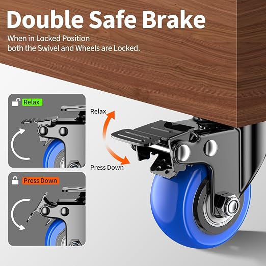 2 Inch Swivel Casters Set of 4, Locking Caster Wheels Heavy Duty, Polyurethane (PU) Plate Caster with Brake, Castor Wheels, Industrial Caster for Furniture, Workbench, Carts