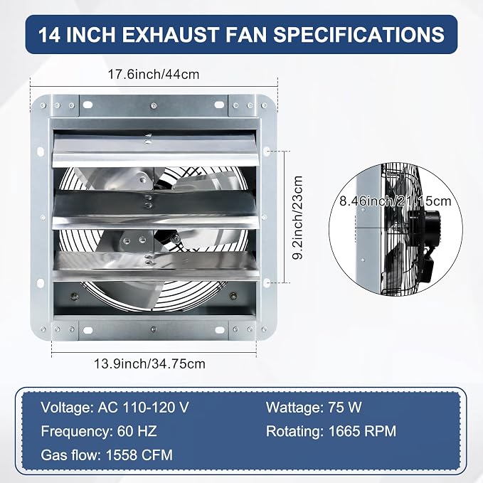 Criditpid 14 Inch Wall Mounted Shutter Exhaust Fan with ON/OFF Switch, High-Speed, Low-Noise Pure Copper Motor, Wall Exhaust Fan for Gable, Shed, Garage, Greenhouse, Kitchen, Attic, 1088CFM, 1450RPM.
