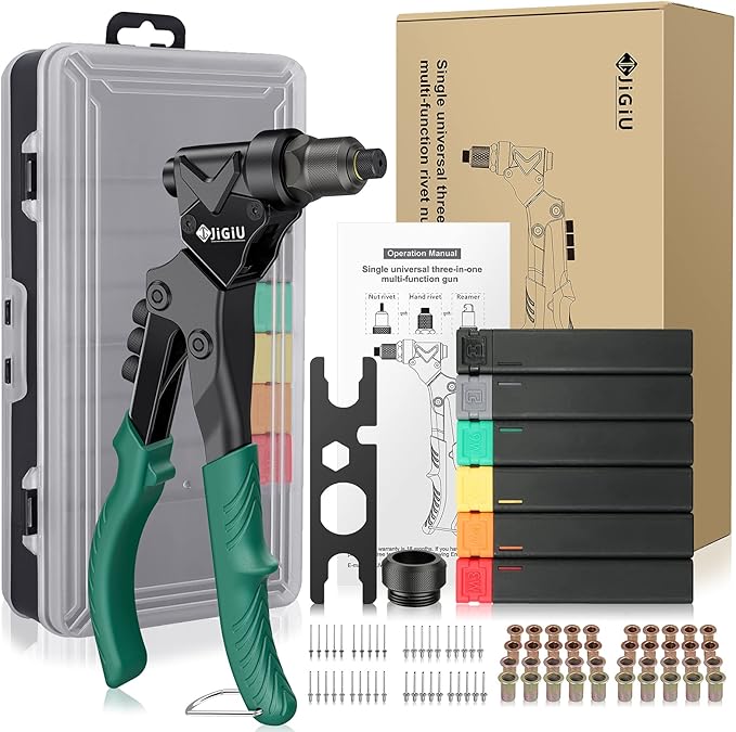 JiGiU 3 in 1 Rivet Gun Kit, Rivet Nut Tool Manual Pop Rivet Gun Tool Multi Size with 4 Mandrels, 4 Rivet Head & 2 Reaming Mandrels, 360° Swivel Head for Metal, Automotive, Sheet Metal, DIY Repair