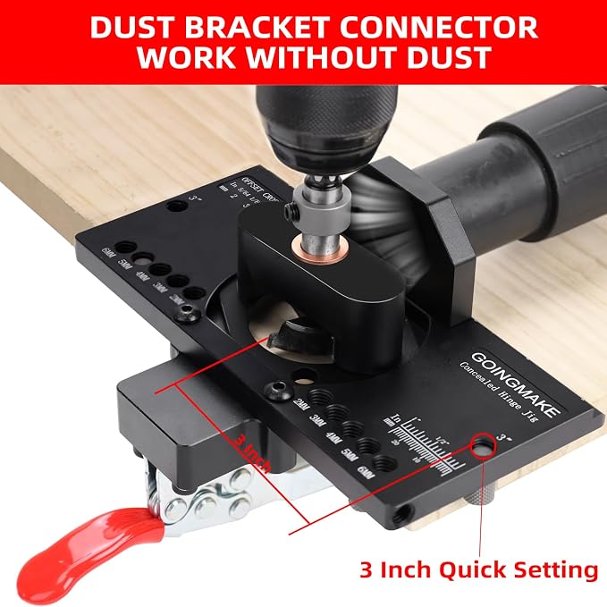 GOINGMAKE Metal Concealed Hinge Jig with Quick Clamp and Dust Vacuum Adapter - 35mm Cabinet Hinge Drilling Jig for Woodworking Door Cabinet Hinges Mounting Tool