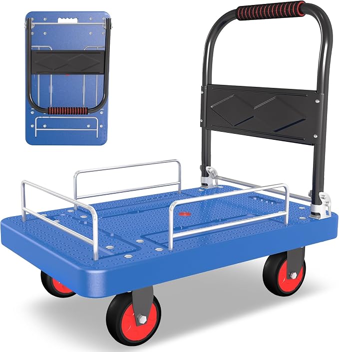 Platform Truck Cart with 3 Fence, 28"x19" Flatbed, 1100lbs Capacity Heavy-Duty Foldable Push Dolly Cart with Swivel Wheels, Foldable & Portable for Groceries, Garage,Home,Office Use, Blue