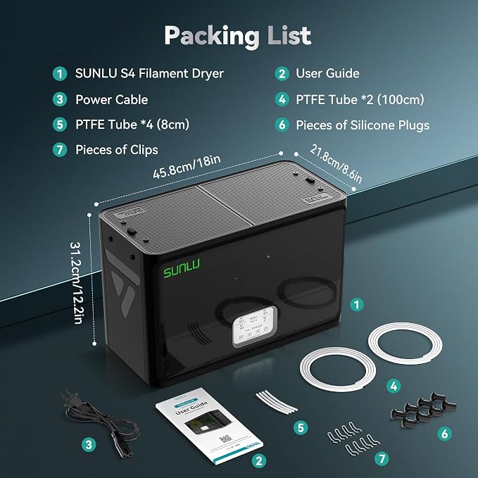 SUNLU Official Filament Dryer S4, for Nylon TPU PLA PETG ABS, (Black) | 4 Spools Capacity, Efficient Heating to 70℃, 350W PTC Heater 3D Filament Dehydrator, Compatible with 1.75/2.85/3.0mm