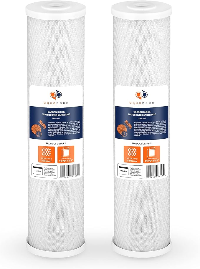 Aquaboon 4,5 x 20 inch Carbon Filter Cartridge - 5 Micron Coconut Shell CTO Big Blue Filter - Whole House Well Water Filtration - Matches DB20P, CTO20BB, Pentek FLOPLUS-20BB, 155312-43 (2 Pack)